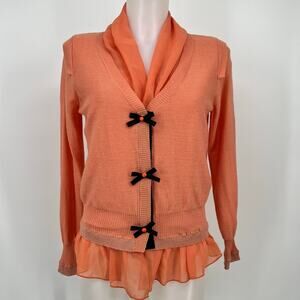 Manni Layered Knit Sweater Blouse Top Womens Medium Orange Sherbet Black Bows